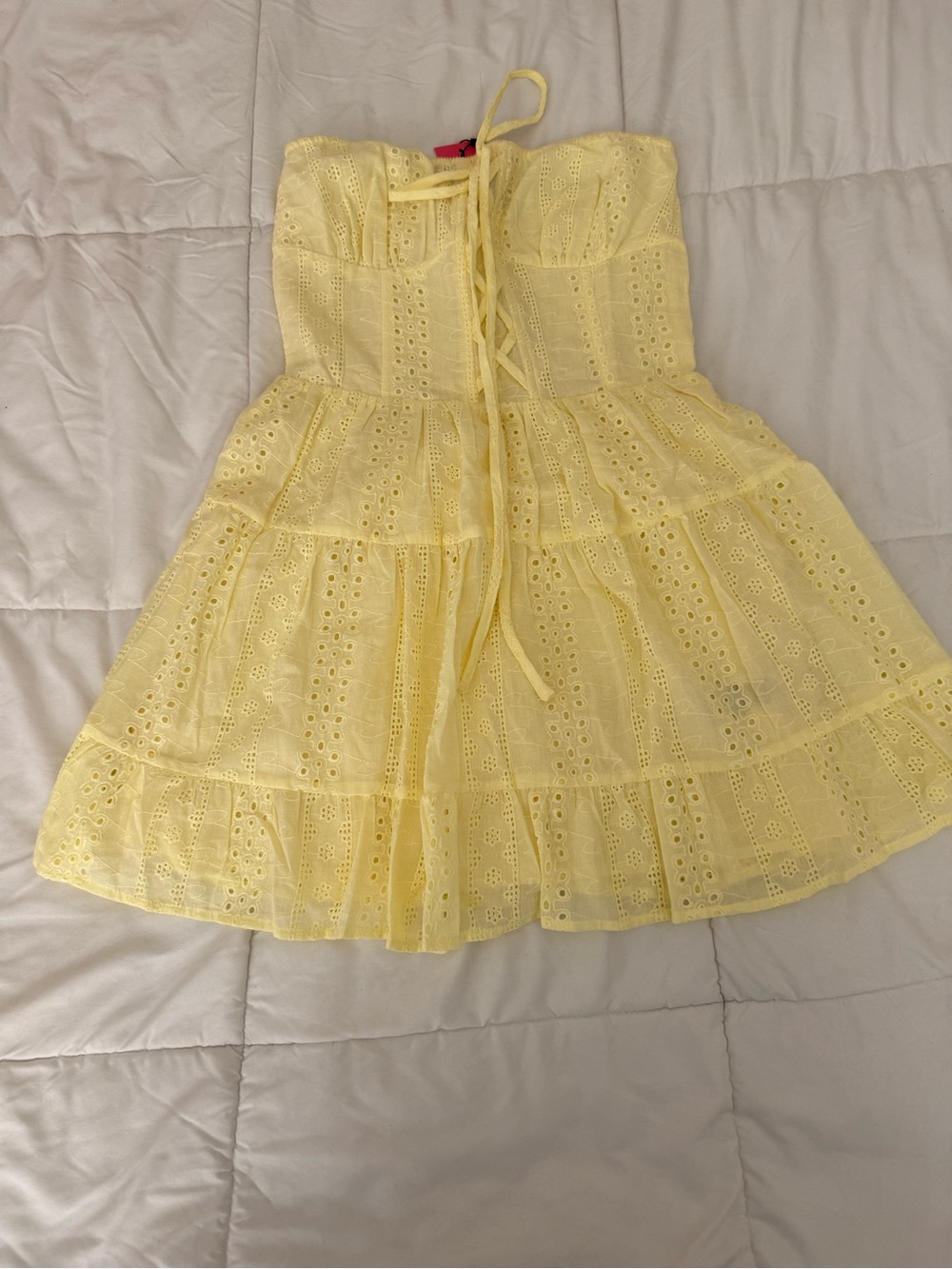 Strapless Yellow Eyelet Tiered Dress